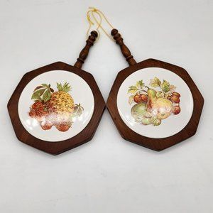 Vintage Wood & Ceramic Tile Trivets Wall Hanging Pineapple and Pear